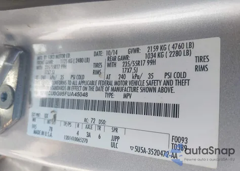 2015 Ford Escape Se z USA, uszkodzony, nr VIN 1FMCU0G95FUA45048